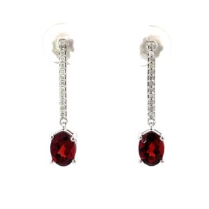 10kt white gold genuine diamond and oval garnet dangle earring D tw 0.18cts SI2 clarity, near colorless I color