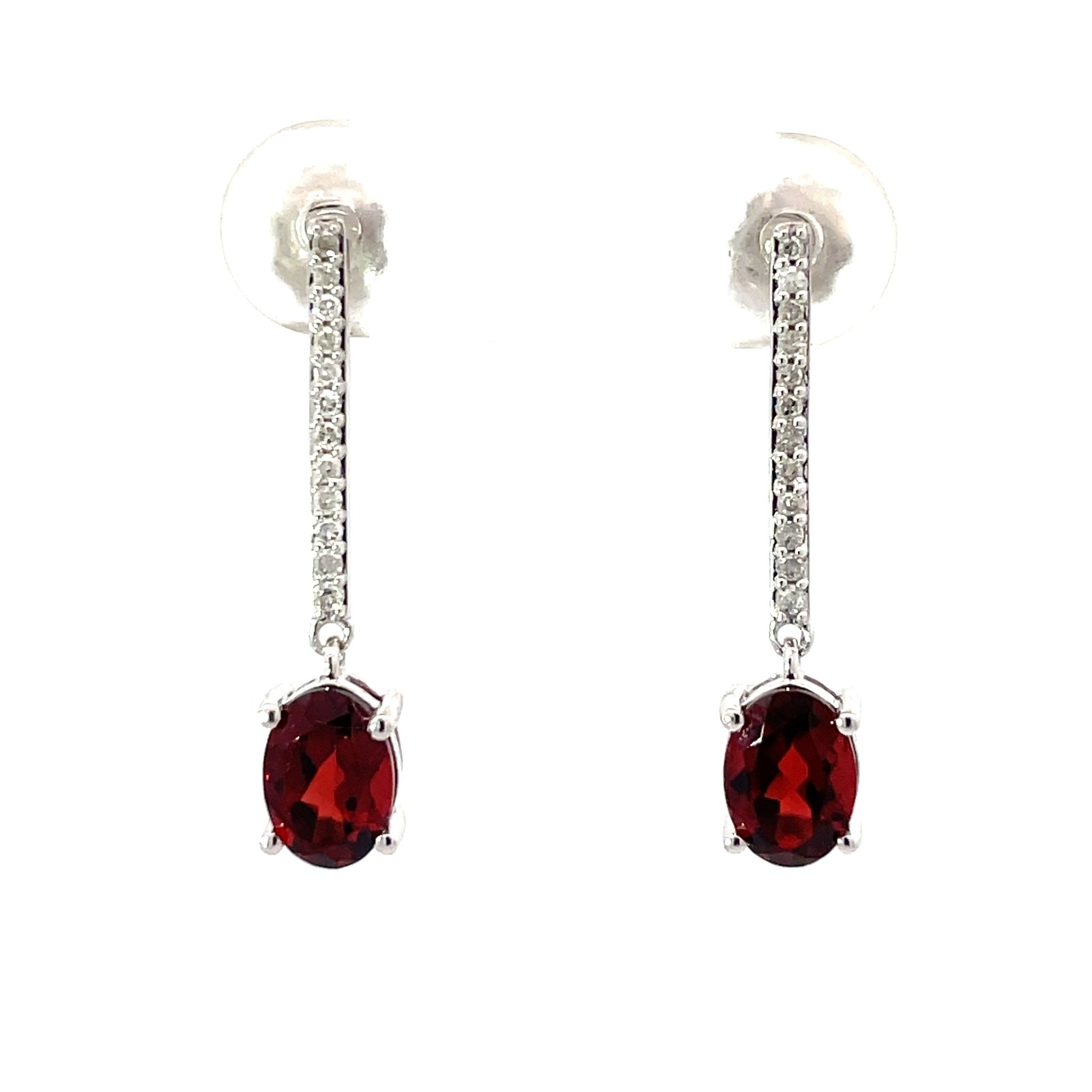 .jpg 10kt white gold genuine diamond and oval garnet dangle earring D tw 0.18cts SI2 clarity, near colorless I color