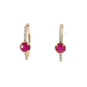 14kt yellow gold diamond and ruby huggie hoop earring D tw 0.12cts SI2 clarity, near colorless I color