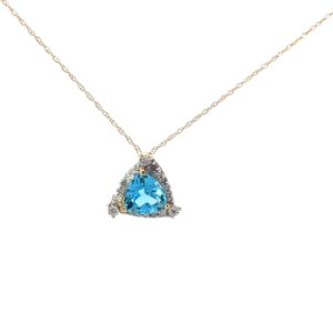 10kt yellow gold diamond and blue topaz trillion halo pendant D tw 0.12cts SI clarity, near colorless I color