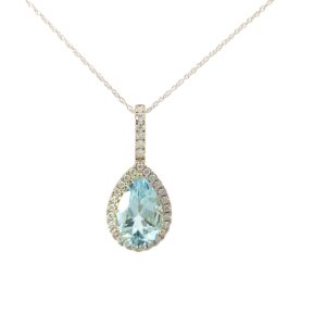 10kt yellow gold diamond and genuine aquamarine halo pear shape pendant D tw 0.40cts SI2, near colorless H/I color