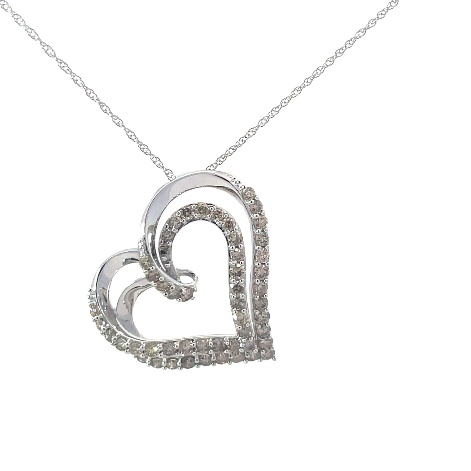 .jpg 10kt white gold double diamond heart pendant tw 1.00cts SI2 clarity, K color pendant only on machine made rope 18"