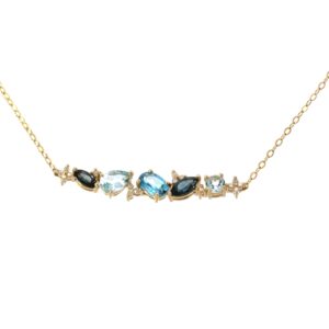 10kt yellow gold genuine blue topaz and diamond bar necklace D tw 0.10cts SI clarity, near colorless I color