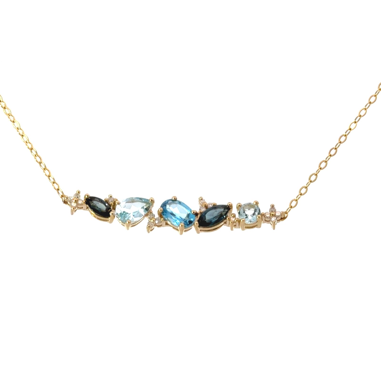 .jpg 10kt yellow gold genuine blue topaz and diamond bar necklace D tw 0.10cts SI clarity, near colorless I color