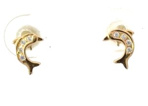 14kt yellow gold cz channel dolphin earring with child screw backs