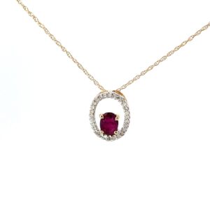 14kt yellow gold geuine ruby and diamond pendant R tw 0.36cts on machine made rope 18"