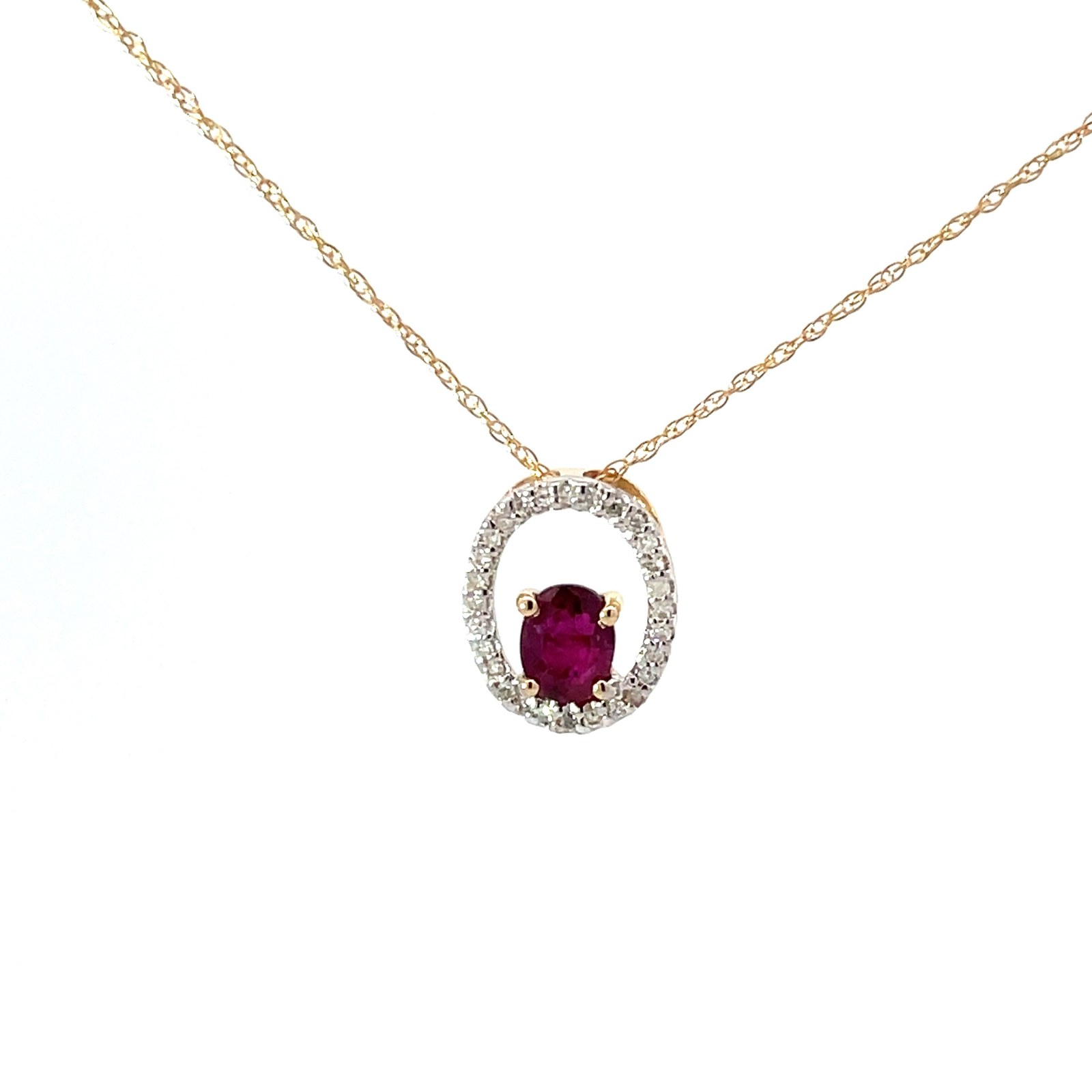 J .jpg 14kt yellow gold geuine ruby and diamond pendant R tw 0.36cts on machine made rope 18"