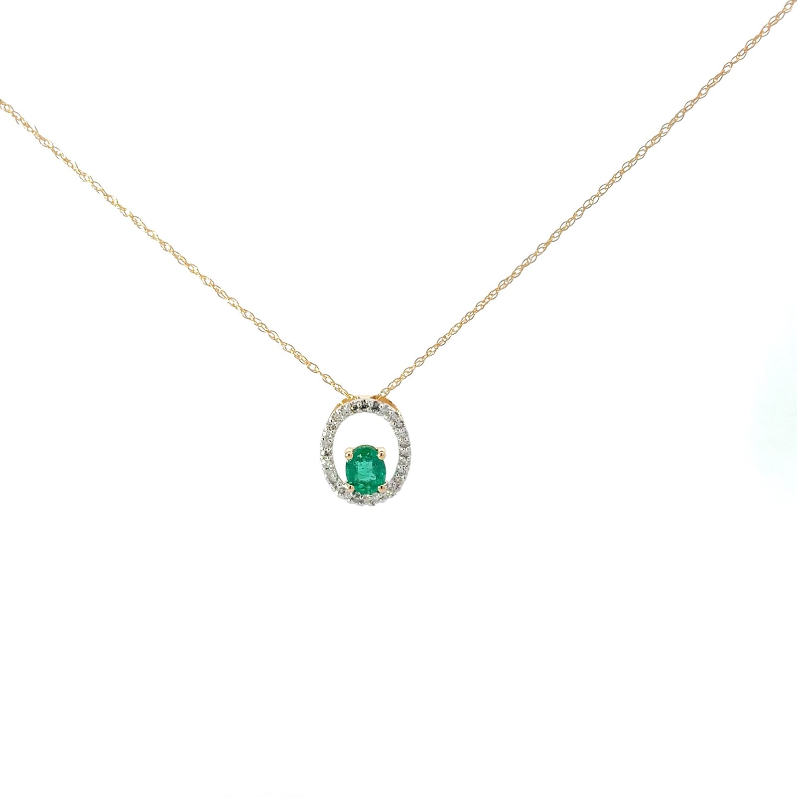 14kt yellow gold diamond and emerald diamond pendant E tw 0.36cts on 18" machine made rope