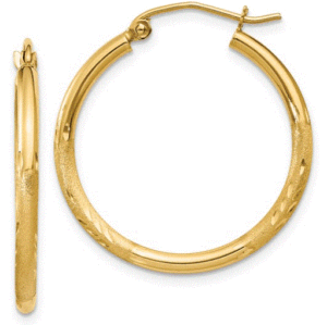 14kt yellow gold brushed shiny and diamond cut medium hoop earring