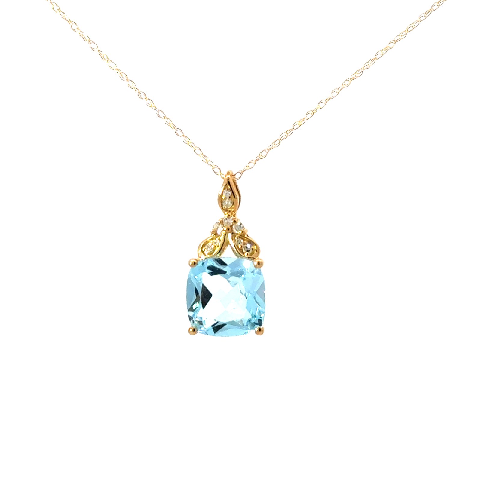 .jpg 10kt yellow gold genuine blue topaz and diamond cushion shape pendant D tw 0.06cts SI clarity, near colorless H color