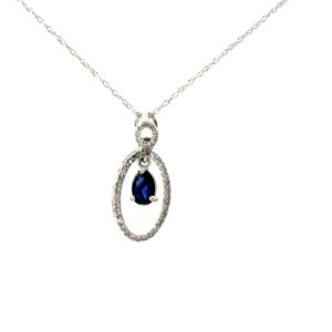 10kt white gold diamond and sapphire oval moveable pendant D tw 0.18cts on 18" chain SI2 clarity, I/J color
