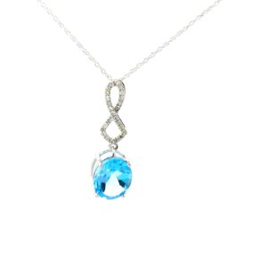 10kt white gold genuine blue topaz and diamond oval pendant D tw 0.12cts I1 clarity, I color