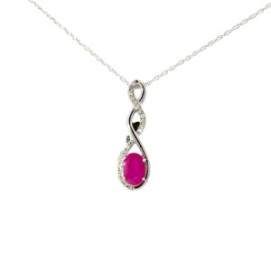 10kt white gold oval ruby and diamond twisted necklace D tw 0.07cts SI clarity, near colorless I color on 18" chain