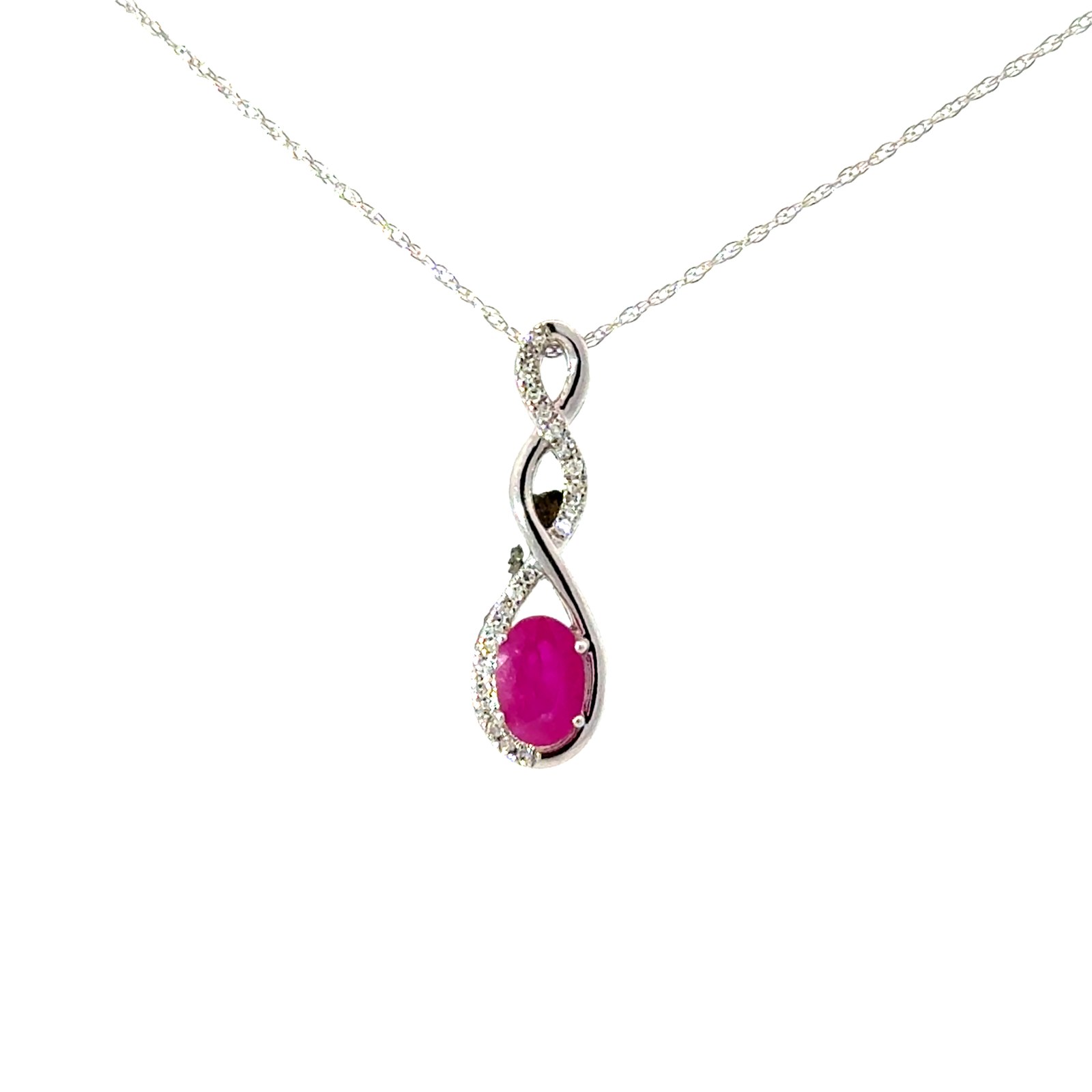 .jpg 10kt white gold oval ruby and diamond twisted necklace D tw 0.07cts SI clarity, near colorless I color on 18" chain