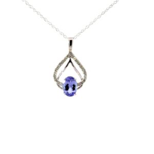 10kt white gold genuine tanzanite and diamond pendant on machine made rope 18" D tw 0.10ct SI clarity, near colorless I color