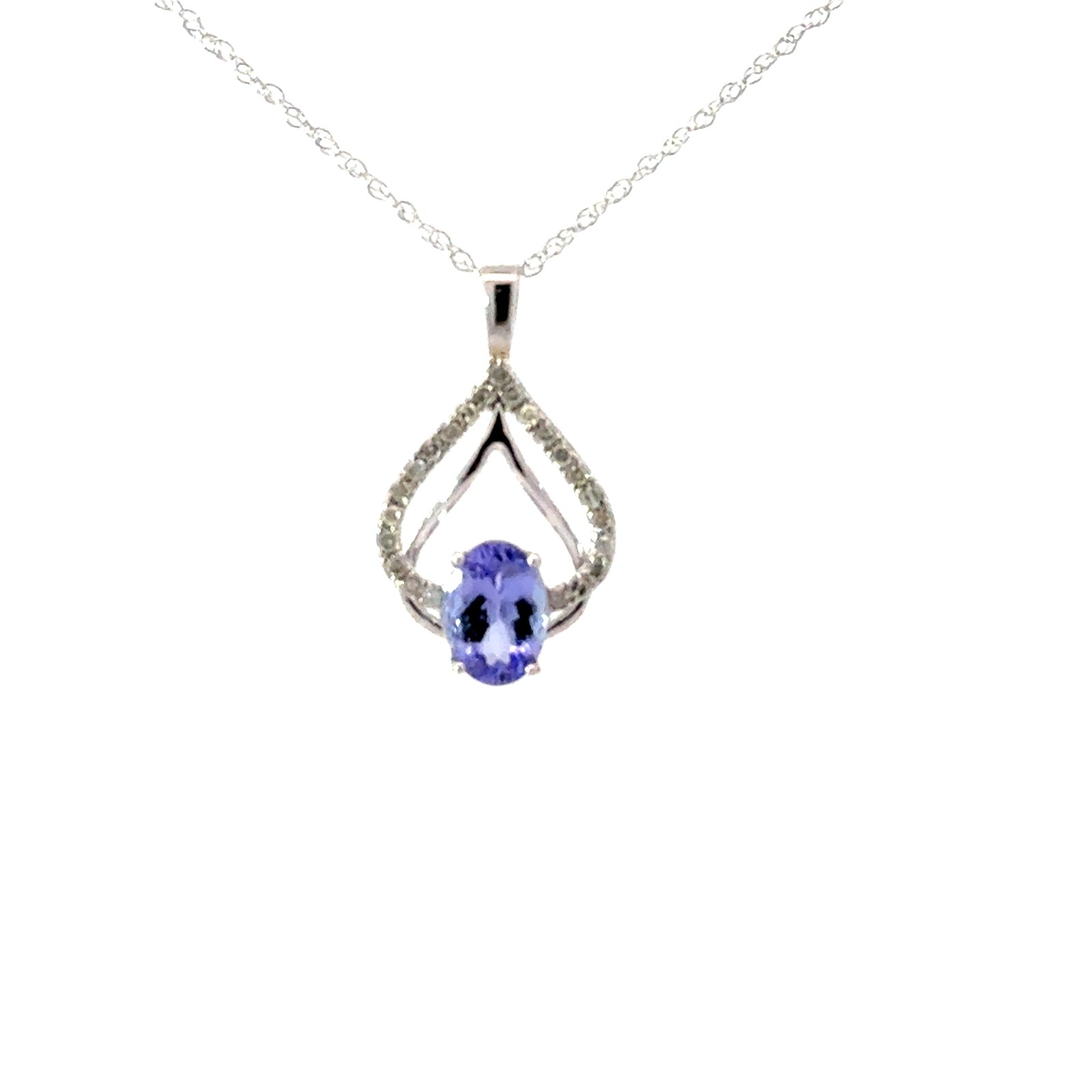 .jpg 10kt white gold genuine tanzanite and diamond pendant on machine made rope 18" D tw 0.10ct SI clarity, near colorless I color