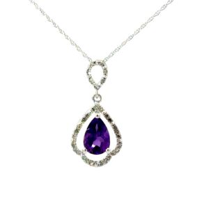 10kt white gold diamond and amethyst pear shape halo pendant D tw 0.15cts I1 clarity, I color on 18" machine made rope
