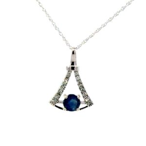 10kt white gold Sapphire and diamond fashion pendant D tw 0.10cts SI2/I1 clarity, I/J color on 18" machine made rope chain