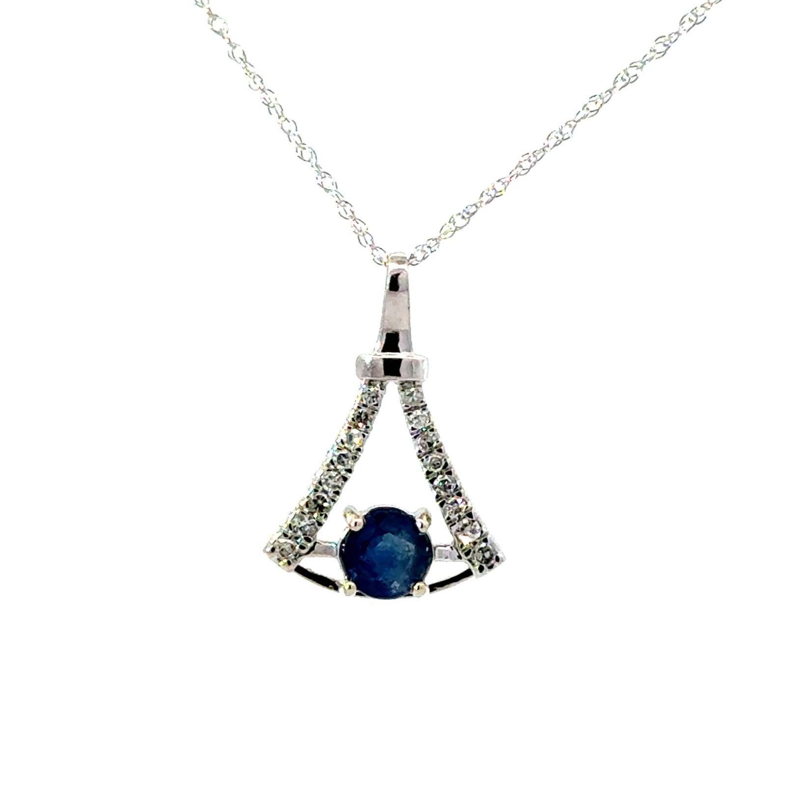 .jpg 10kt white gold Sapphire and diamond fashion pendant D tw 0.10cts SI2/I1 clarity, I/J color on 18" machine made rope chain