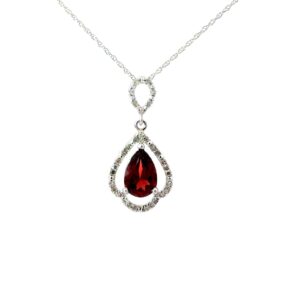 10kt white gold genuine pear shape garnet open halo pendant D tw 0.15cts SI2, I color on 18" machine made rope chain