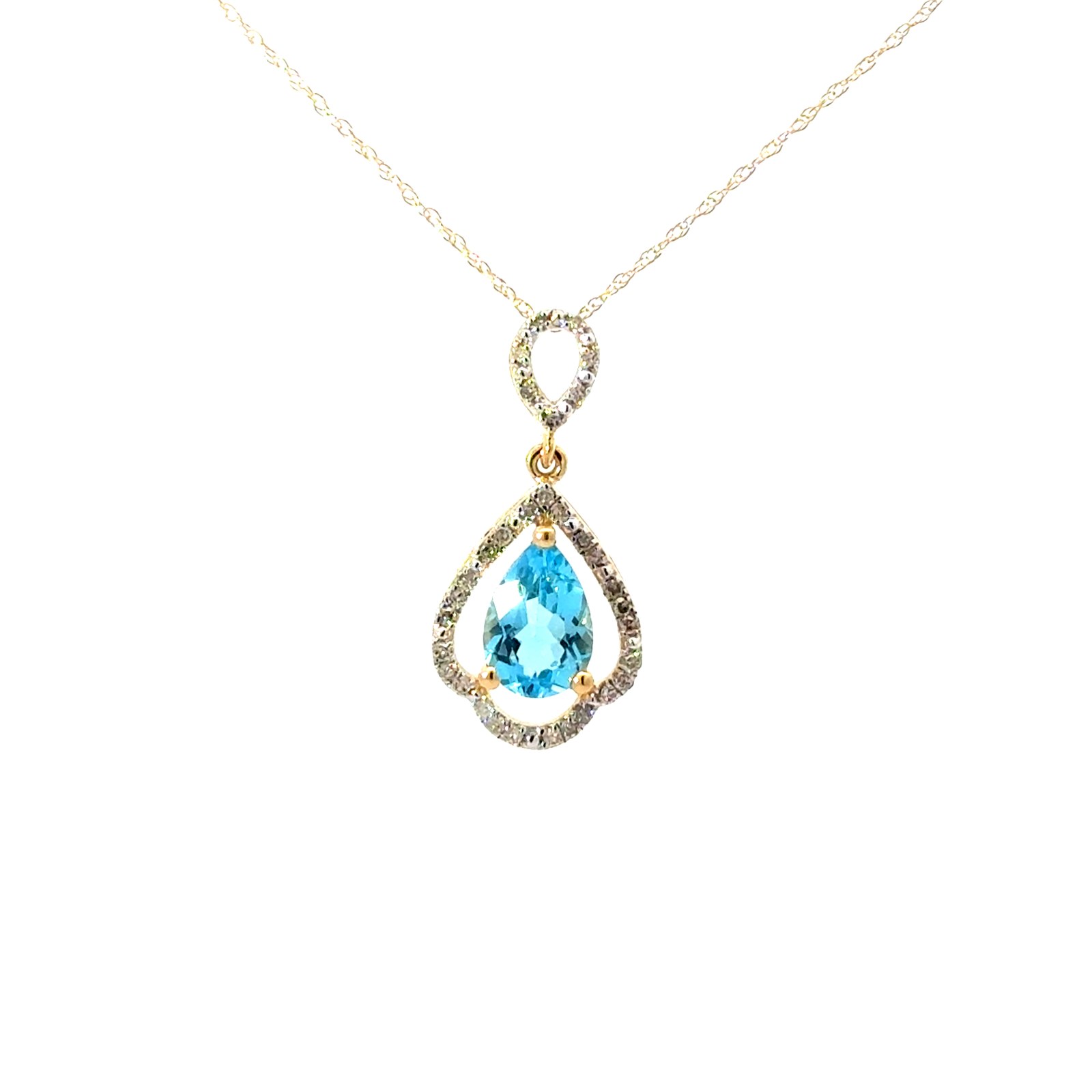 .jpg 10kt yellow gold blue topaz and diamond open pear shape halo pendant D tw 0.15cts SI clarity, near colorless H/I color on 18" machine made rope