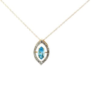 10kt yellow gold blue topaz and diamond marquis shape open halo pendant D tw 0.20cts SI2 clarity, near colorless I color on machine made rope chain 18"