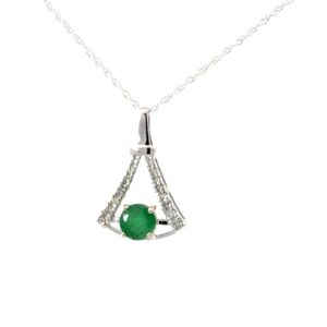 10kt white gold diamond and genuine emerald SI2/I1 fashion pendant clarity, near colorless I tw 0.10cts color on machine made rope chain 18"