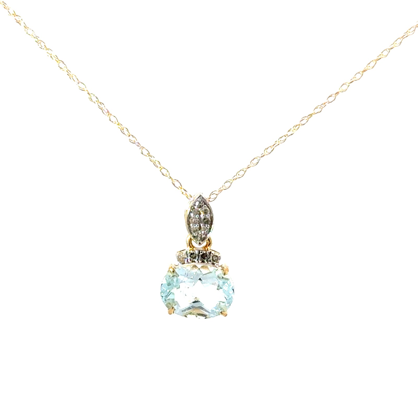 .jpg 10kt yellow gold diamond and genuine aquamarine pendant D tw 0.05cts SI2 clarity, near colorless I color on 18" chain