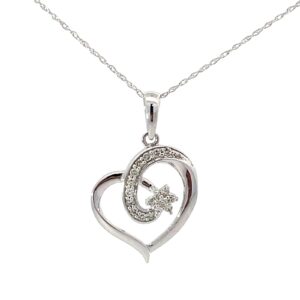 10kt white gold open daimond heart flower pendant on machine rope 18" D tw 0.17cts SI, H