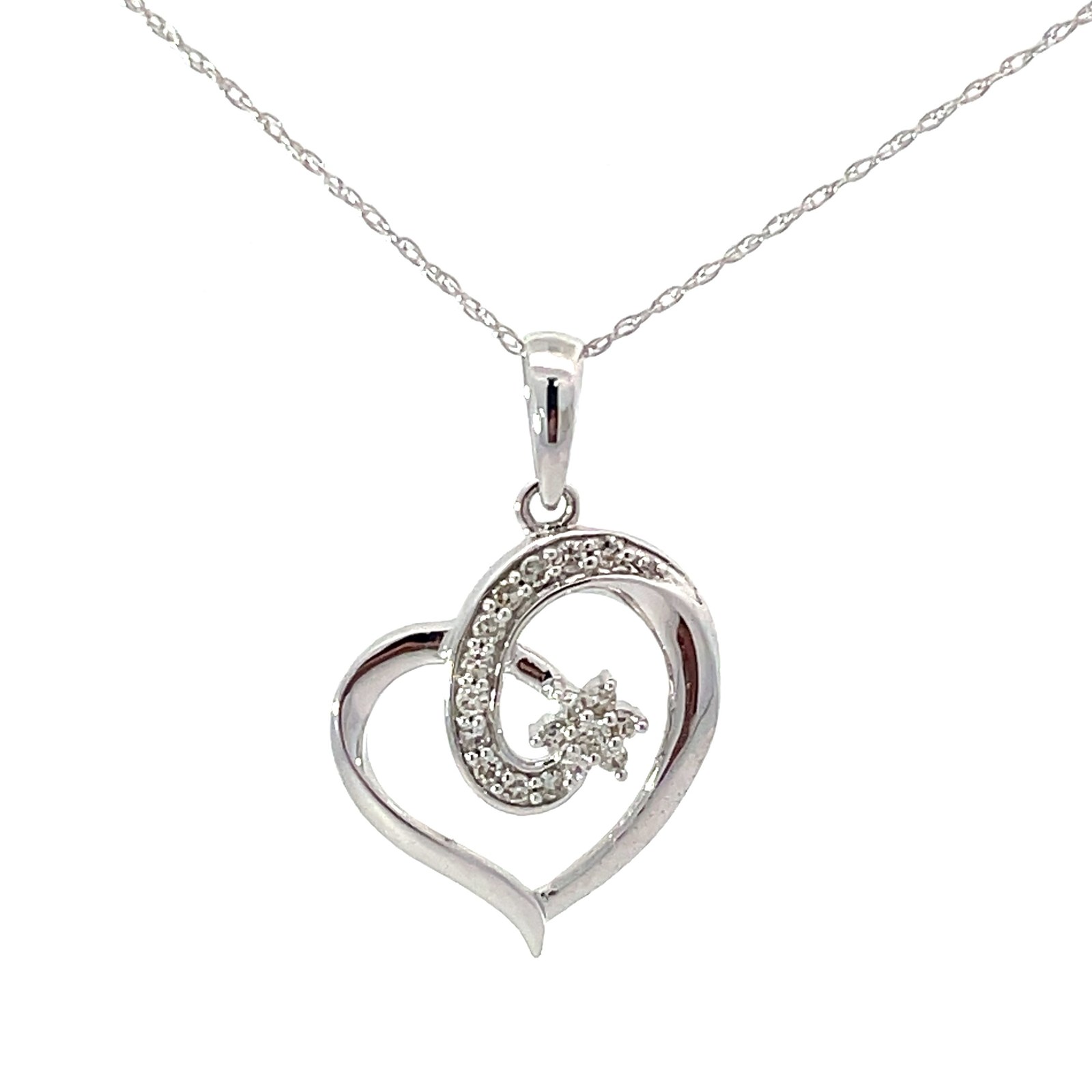 .jpg 10kt white gold open daimond heart flower pendant on machine rope 18" D tw 0.17cts SI, H