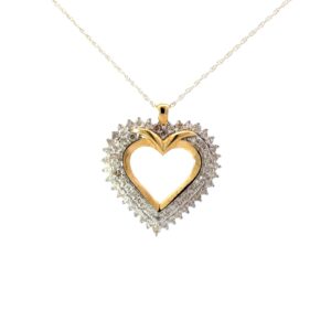 10kt yellow gold double diamond row heart pendant D tw 1.00cts SI2 clarity, near colorless H/I color on machine made rope 18"