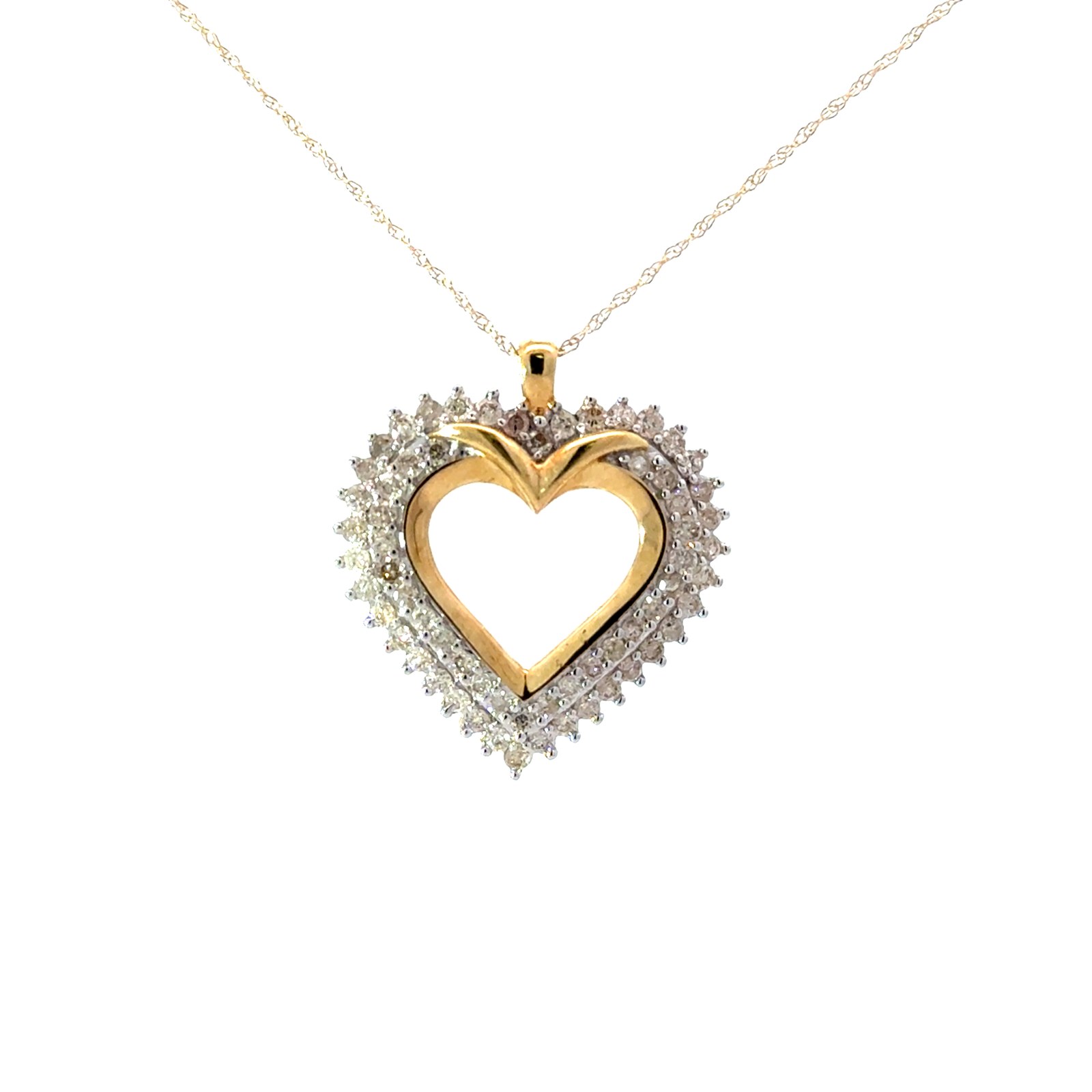 .jpg 10kt yellow gold double diamond row heart pendant D tw 1.00cts SI2 clarity, near colorless H/I color on machine made rope 18"