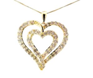10kt yellow gold double row open diamond heart pendant tw 2.00cts SI2 clarity, near colorless h/I color on 18" box chain