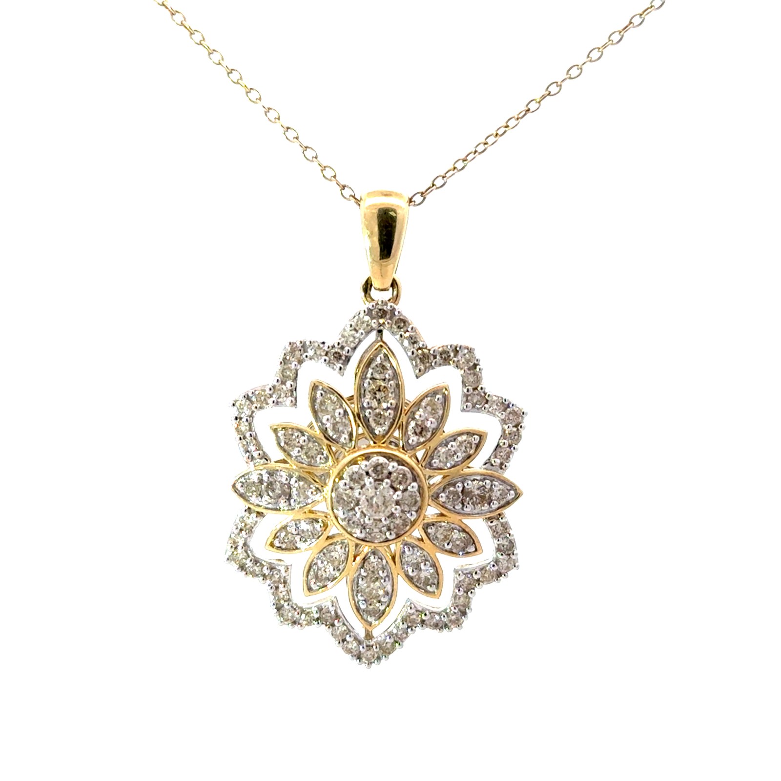 .jpg 10kt yellow gold diamond cluster art deco style fashion pendant D tw 1.50cts SI clarity, J color on machine made rope 18"