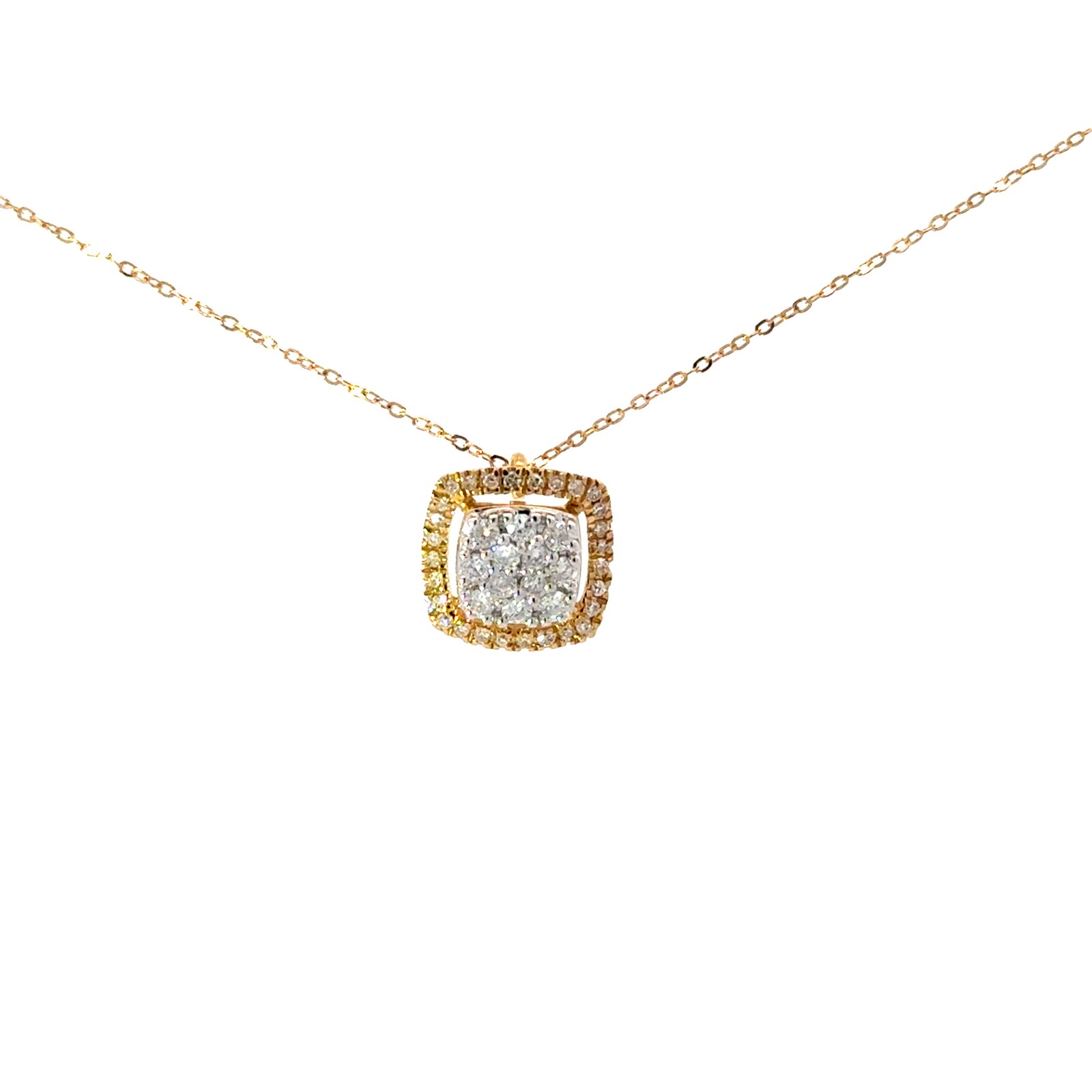 .jpg 14kt two tone diamond cushion cluster pendant D tw 0.30cts SI clarity, near colorless H/I color on link chain 18"
