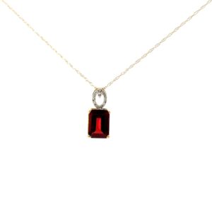 10kt white gold genuine garnet and diamond emerald cut pendant D tw 0.04cts SI clarity, near colorless I color on machine made rope 18"