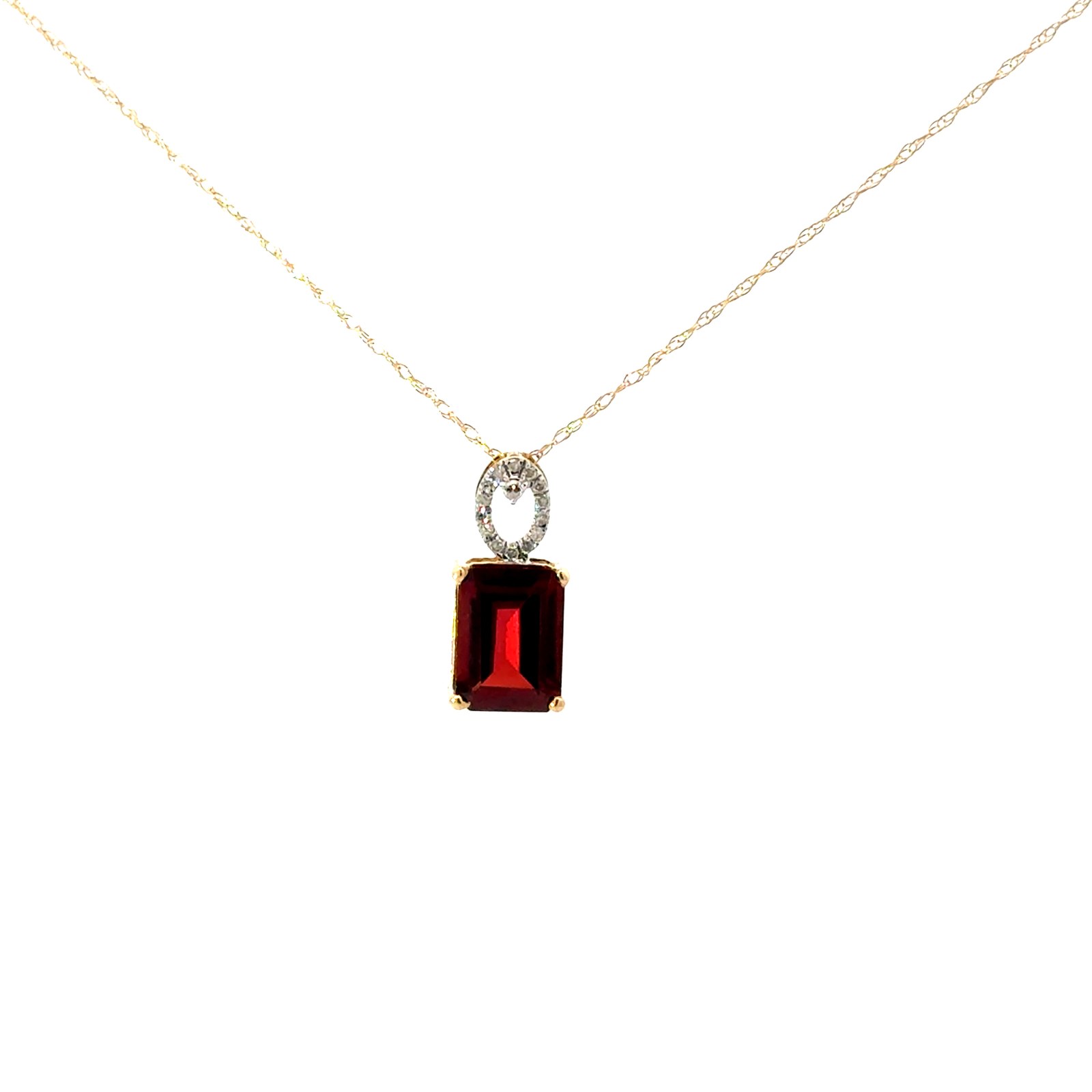 .jpg 10kt white gold genuine garnet and diamond emerald cut pendant D tw 0.04cts SI clarity, near colorless I color on machine made rope 18"