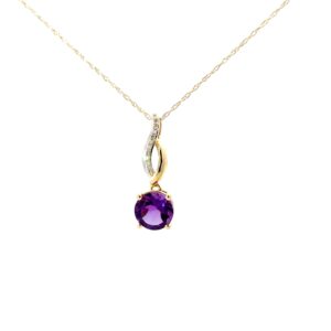 10kt yellow gold genuine amethyst and diamond twisted fashion pendant on 18" chain