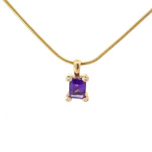 14KT YG PEND AMETHYST 1.60 8x6 Emerald cut genuine Amethyst TW-1.60ct 0.04 PTS SI2, H