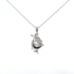 10kt white gold double shiny and diamond dolphin pendant on machine rope 18" D tw 0.08cts