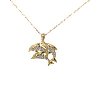 10kt yellow gold tripple diamond jumping dolphin pendant D tw 0.08cts on 18" SI,I
