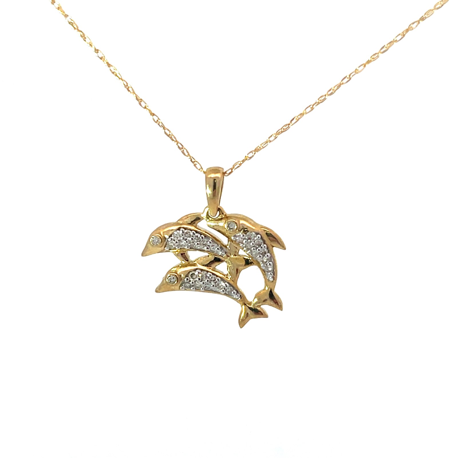 .jpg 10kt yellow gold tripple diamond jumping dolphin pendant D tw 0.08cts on 18" SI,I