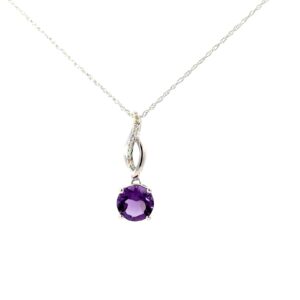 10kt white gold amethyst and diamond twisted pendant SI2 clarity, near colorless I color on machine made rope 18"