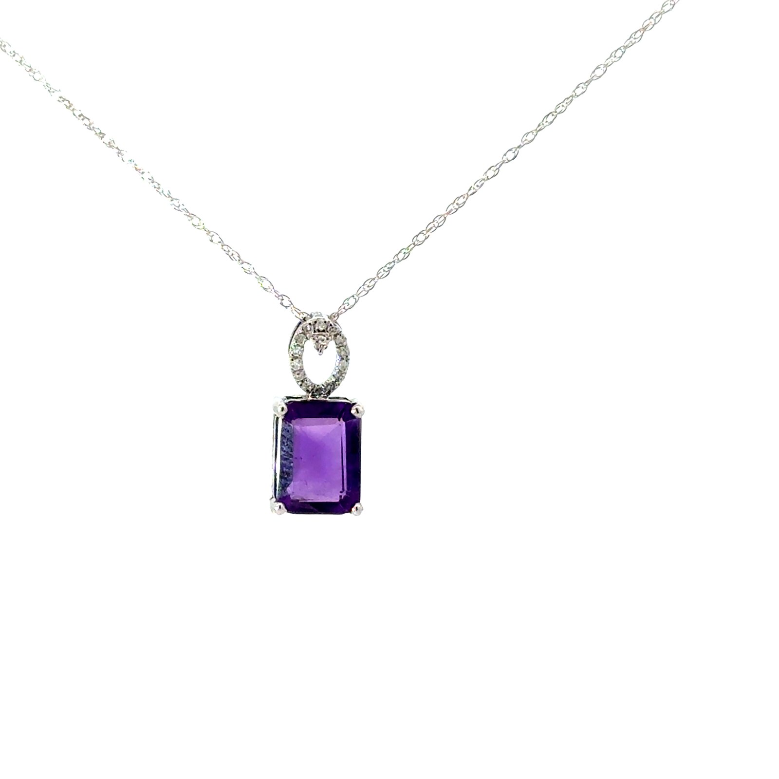 .jpg 10kt white gold emerald cut amethyst and diamond pendant D tw 0.04cts SI clarity, near colorless I color on machine made rope 18"
