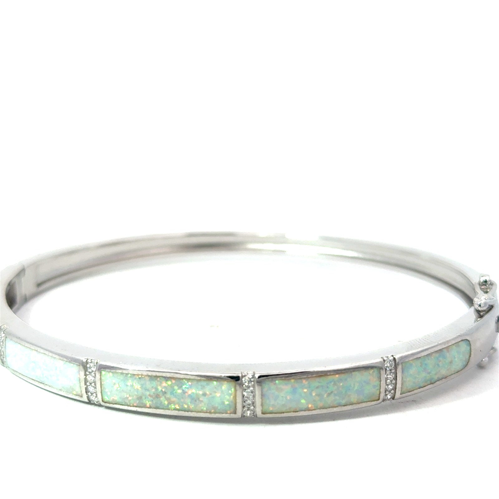 Sterling Silver rhodium plated created white opal inlay and cubic zirconia bangle bracelet with foldover safety
