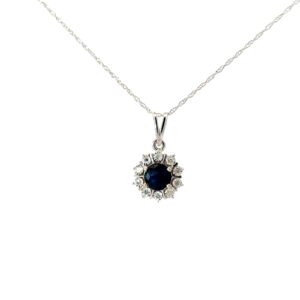 10kt white gold diamond and sapphire halo pendant SI clarity, near colorless I color on 18" chain