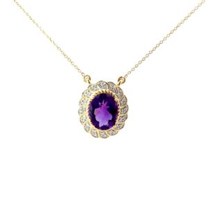 10kt yellow gold amethyst and diamond halo pendant tw 0.12cts on link chain 18" SI clarity, near colorless I color