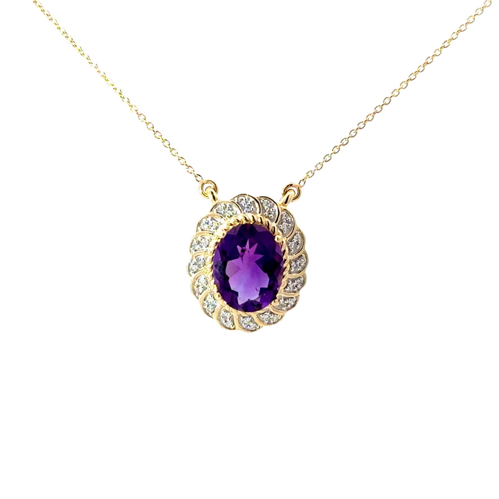 .jpg 10kt yellow gold amethyst and diamond halo pendant tw 0.12cts on link chain 18" SI clarity, near colorless I color