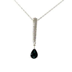 14kt white gold sapphire and diamond dangle bar necklace D tw 0.15cts SI clarity, near colorless I color on 18" machine made chain