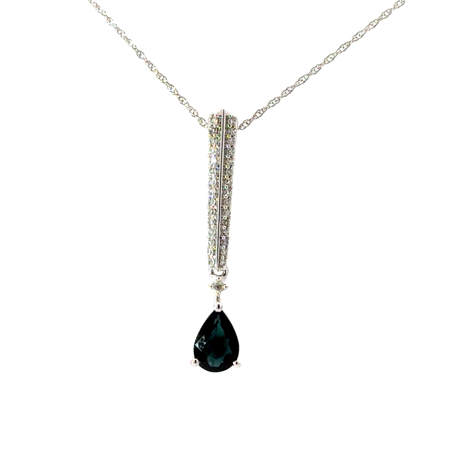 .jpg 14kt white gold sapphire and diamond dangle bar necklace D tw 0.15cts SI clarity, near colorless I color on 18" machine made chain